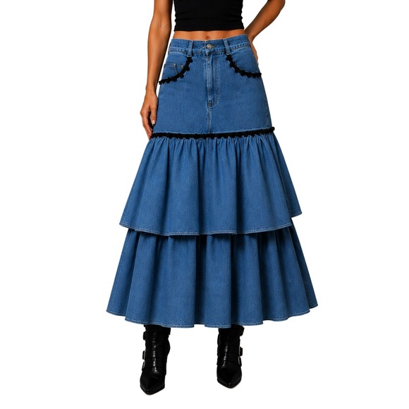 Moschino Dresses & Skirts - Moschino Vintage Denim Tiered Ruffle Maxi Skirt Blue Black Trim Size 42